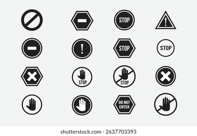 set black shilottued vector stop sign icon. No sign, red warning isolated