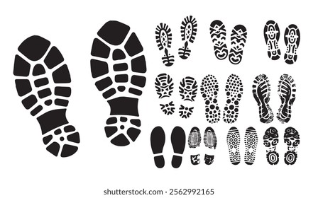 Set of black shoeprint and footprint silhouettes showcasing diverse sole patterns and textures on a white background. Ideal for design, outdoors, and recreation themes