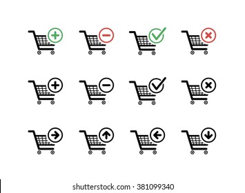 Set of black shopping carts icons with add, delete and move signs on white