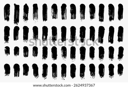 Set of black short brush stroke. Hand drawn funky naive art banner design with regular vertical dashes. Vector rough grunge thick paint lines texture. Grunge playful brush strokes, wrapping paper, box