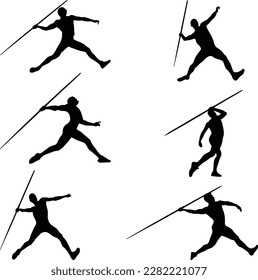 set black silhouette athlete javelin throw on white background, summer sports, vector illustration