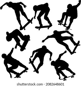 Set black silhouette of an athlete skateboarder in a jump.