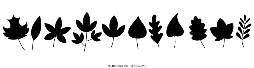 Set of Black Silhouette Autumn Leaves. Collection of Various Leaf Shapes. Minimalist Botanical Design Elements for Fall, Nature, Decoration, Eco Projects.