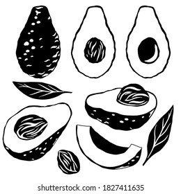 Set of black silhouette avocados. Various elements of avocado slices with pits and leaves. Keto diet. Ingredients for Guacomole. Vector element for menus, articles, cards and your design.