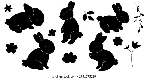 Set of black silhouette Baby Bunnies. Little Rabbit. Cute Easter Animal. Hares Vector Kids Illustration isolated on background. Design for card, print, book, kids story