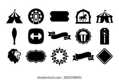 A set of black silhouette badges depicting various carnival and circus elements, including tents, a ferris wheel, and a lion. The distinctive silhouette style creates a bold graphic.