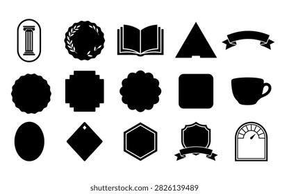 A set of black silhouette badges in diverse shapes, including circles, squares, diamonds, and more, presented as vector graphics.