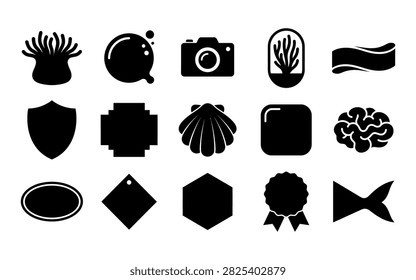 A set of black silhouette badges and emblems on a white background, featuring various shapes and symbols, showcasing a distinctive silhouette style.