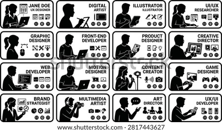 Set of black silhouette badges illustrating various modern careers including UX designer, digital artist, graphic designer, front-end developer, product designer, content creator, and brand strategist. Ideal for corporate identity, team portfolios, and professional concepts.