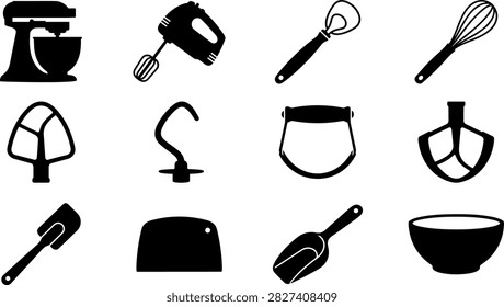 Set of black silhouette baking and mixing tool icons including stand mixer, hand mixer, Danish dough whisk,