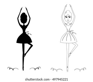 Set of black silhouette ballerina and outline ballerina girl vector. Cartoon line ballerina vector illustration.