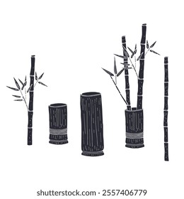 Set of black silhouette of bamboo branches and vases isolated on white background. Hand drawn floral linocut design