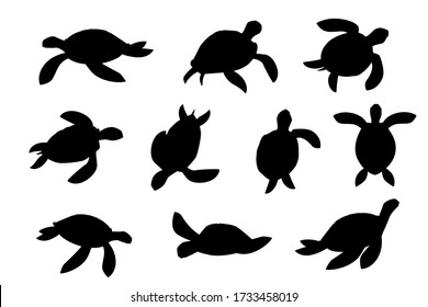 Set of black silhouette big sea turtle cartoon cute animal design ocean tortoise swimming in water flat vector illustration isolated on white background