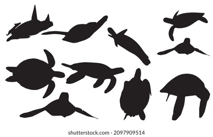 Set of black silhouette big sea turtle cartoon cute animal design ocean tortoise swimming in water flat vector illustration isolated on white background. vector logo turtle collection