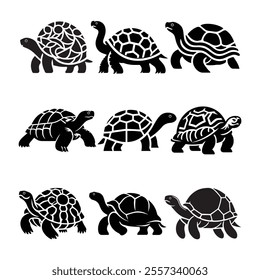 Set of black silhouette big sea turtle cartoon cute animal design ocean tortoise swimming in water flat vector illustration isolated on white background