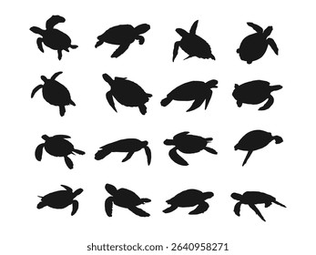 A set of black silhouette big sea turtles. Tortoise swimming in water, flat vector illustration. Set of Silhouetted Turtle Shapes in Various Poses. Animal in black and white.
