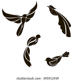 a set of black silhouette of birds on a flat white background