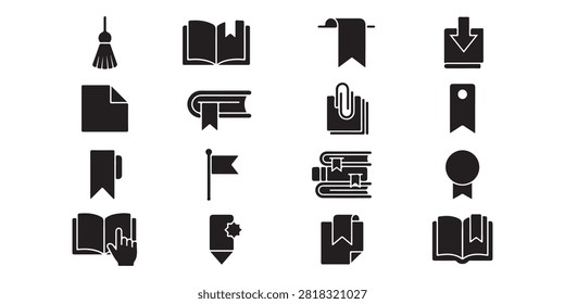 Set of black silhouette book and education icons including reading and bookmark symbols with education bookmark literature document knowledge university textbook stationary academic learning