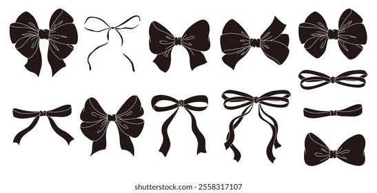 Set of black silhouette bow and ribbon. Hand drawn vintage line art. Ink sketched vector illustration. You can change the line collor on the vector deta.