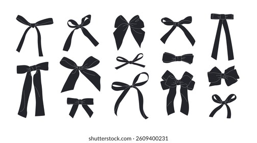 Set of black silhouette bows, bow knots, bow ties, ribbons, and hair bows. Hand drawn collection of various coquettish elements in flat style for celebration designs. Isolated vector bundle on a white
