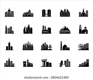 Set of black silhouette building icons representing diverse urban landscapes and architectural struc