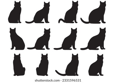 set of black silhouette of a cat in different poses