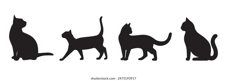 Set of black silhouette cats in different poses. Vector illustration isolated on white background.