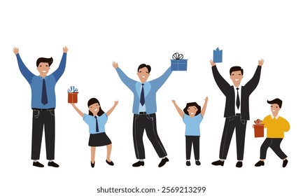 Set of black silhouette of Celebrating people on white background. Office collection various pose. Young man in pants, man, child. Elements for design, clothing store, party. Vector illustration