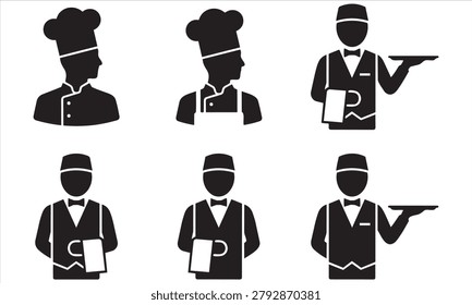 Set of black silhouette chef and waiter icons with silhouette restaurant catering hospitality professional business collection character occupation culinary waitstaff employment