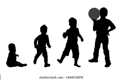 Set of black silhouette of child with ball, baby boy on white background. Collection various pose, dfferent age. Sitting, plays, stand. Element for design, children store, shop, advertising. Vector
