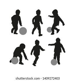 Set of black silhouette of child boy with ball white background. Collection various pose. running, plays, stand. Element for design, children store, party, sport shop, advertising. Vector illustration