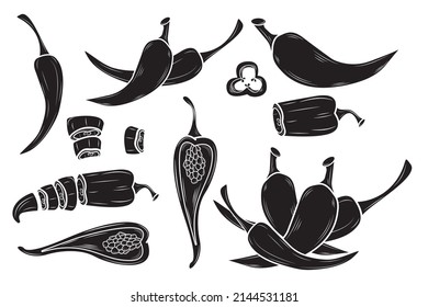 Set of black silhouette Chili Pepper vector illustration. Vegetable engraved object style. Isolated spicy Vegetarian food drawings. Paprika market.