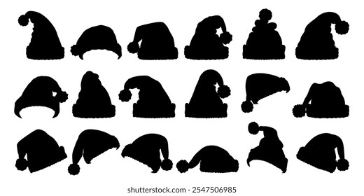 Set of black silhouette Christmas Santa Claus hats isolated. Hand drawn simple Santa hats.