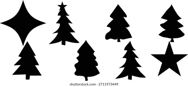 Set schwarze Silhouette Weihnachtsbäume und Sterne auf weißem Hintergrund