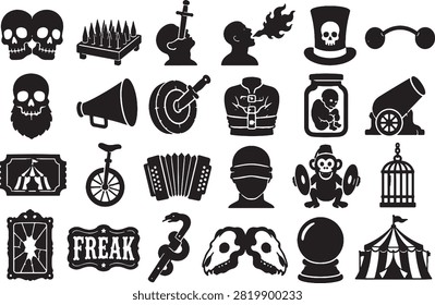 Set of black silhouette Christmas and winter icons with holiday decorations, nature, fantasy and magical symbols. Perfect for vector graphics, clipart, Cricut, laser cutting, printable crafts and festive design projects.