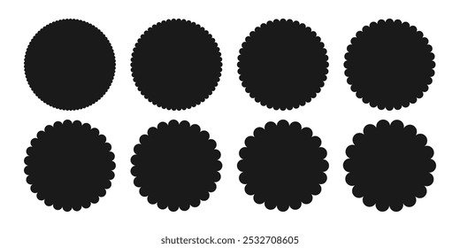 Set of Black Silhouette Circles shape with Scallop edge . Price tag, sale, discount offer Round frames sticker. Simple Abstract flower shape badge label icon button stamp. Design element