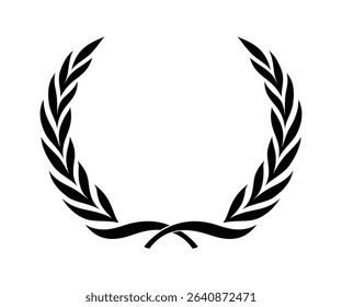 Set black silhouette circular award laurel foliate, wheat and oak wreaths depicting an award, achievement, heraldry, nobility on white background. Emblem floral Greek branch flat style