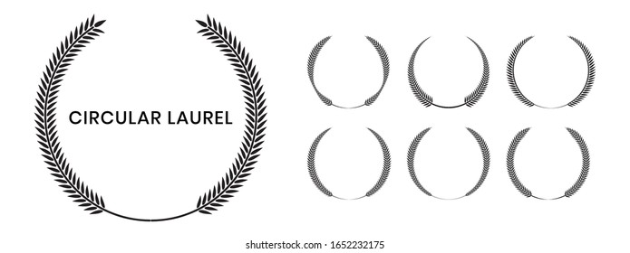 Conjunto de lápices de laurel circular de silueta negra, coronas de trigo y roble que representan un premio, logro, heráldica, nobleza sobre fondo blanco. emblema vectorial.