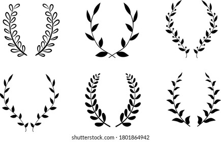 Set black silhouette circular laurel foliate, wheat and oak wreaths depicting an award, achievement, heraldry, nobility on white background. Emblem floral greek branch flat style - stock vector.