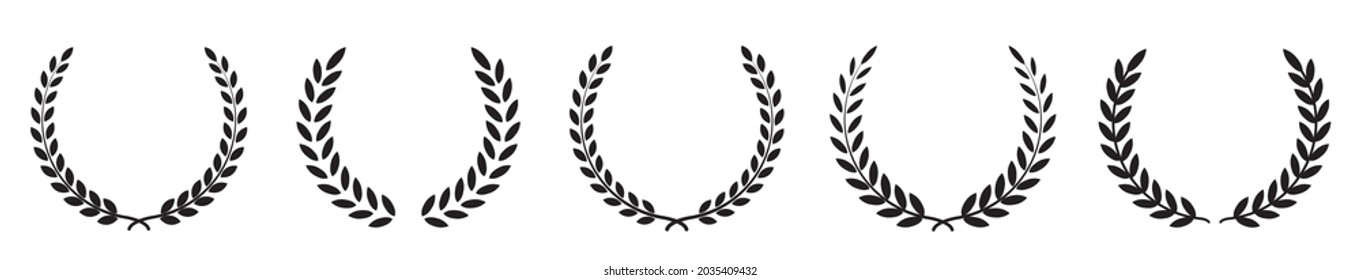 Set black silhouette circular laurel foliate, wheat and oak wreaths depicting an award, achievement, heraldry, nobility on white background. Emblem floral greek branch flat style - stock vector.