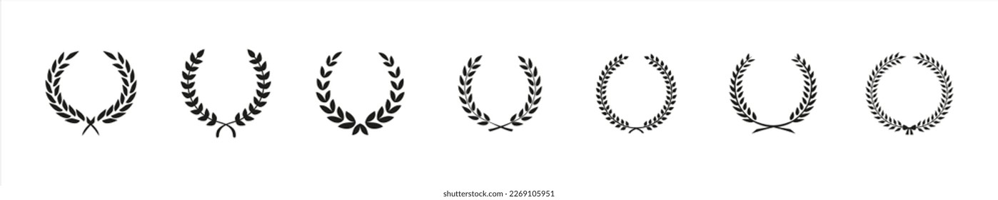 Set black silhouette circular laurel foliate, wheat and oak wreaths depicting an award, achievement, heraldry. Emblem floral greek branch flat style - stock vector.