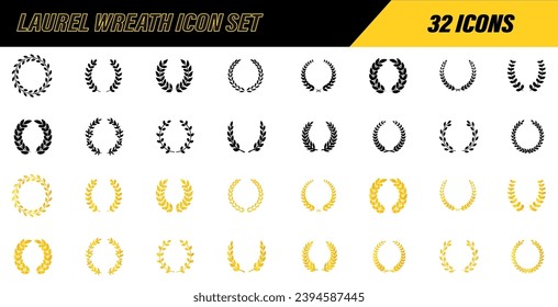 Set black silhouette circular laurel foliate, wheat and oak wreaths depicting an award, achievement, heraldry, nobility on white background. Emblem floral greek branch flat style. Vector Graphic.