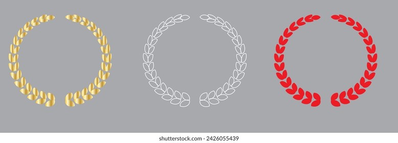  Set black silhouette circular laurel foliate, wheat and oak wreaths depicting an award, achievement, heraldry, nobility on white background. Emblem floral greek branch flat style - stock vector