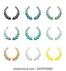 Conjunto de silueta negra circular de laurel foliado, coronas de trigo y roble que representan un premio, logro, heráldica, nobleza. Emblema floral rama griega estilo plano - vector de stock.