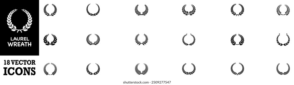Set black silhouette circular laurel foliate, wheat and oak wreaths depicting an award, achievement, heraldry, nobility on white background. Emblem floral greek branch flat style. Vector Illustration.