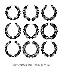 Set black silhouette circular laurel foliate, wheat and oak wreaths. wreath floral, modern, silver wreath, vintage wreath and laurel wreath on transparent background.