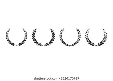 Set black silhouette circular laurel foliate, wheat and oak wreaths depicting an award, achievement, heraldry, nobility on white background. Emblem floral greek branch flat style - stock vector.