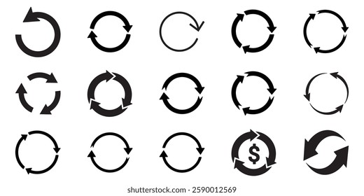 Set of Black silhouette Circular Recurring Arrows Transparent PNG Isolated White Background