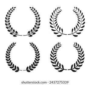 Conjunto de silueta negra circular ganador laurel foliado vector, emblema floral rama griega estilo plano. coronas de trigo y roble que representan un premio, logro, heráldica, nobleza sobre fondo blanco. 