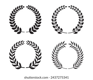 Set black silhouette circular winner laurel foliate vector, Emblem floral Greek branch flat style. wheat and oak wreaths depicting an award, achievement, heraldry, nobility on white background. 